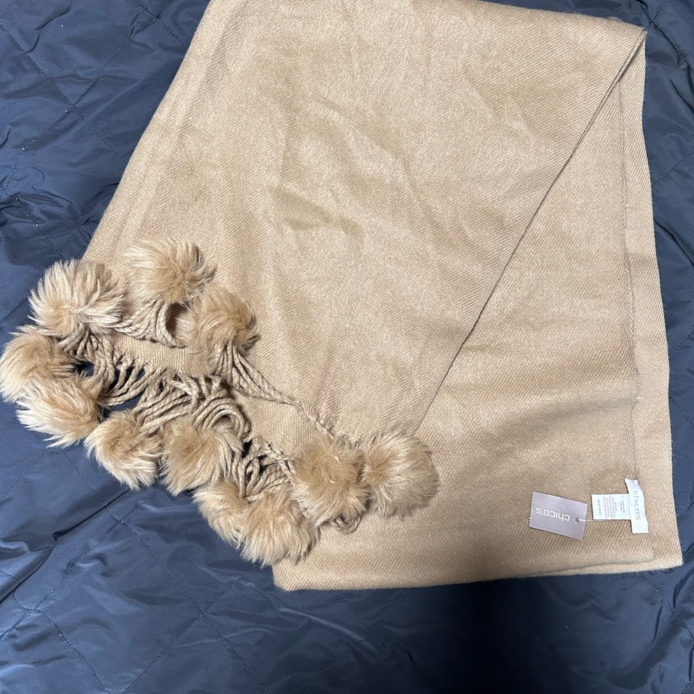 Chico’s Camel Pom Pom Fringe Wrap Scarf NWT Neutral Shawl - Picture 2 of 3